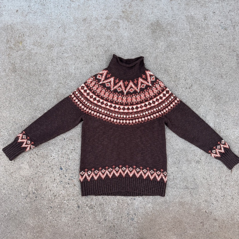 LL Bean Cotton Sweater XS Nordic Autumn Roll Neck Turtleneck Brown Orange Women
